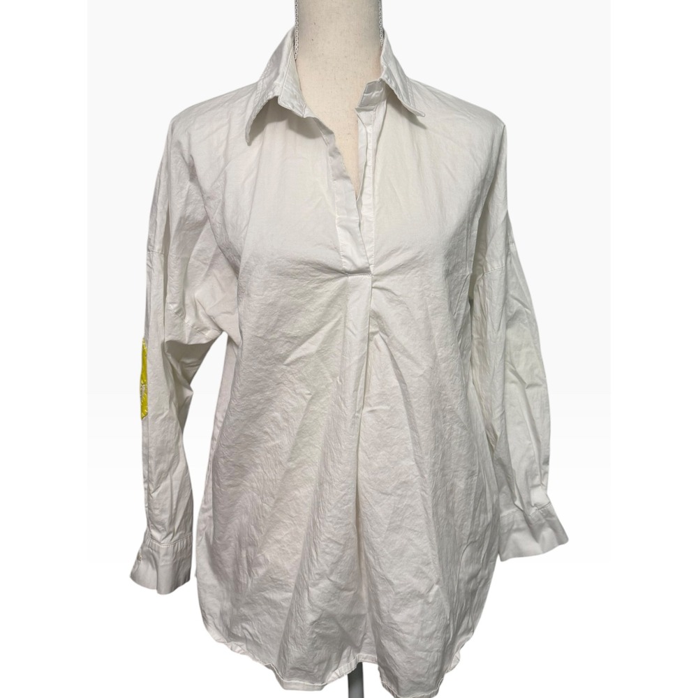 Caryn Lawn White Cotton Poplin Smiley Face Elbow Patch Tunic Shirt Top